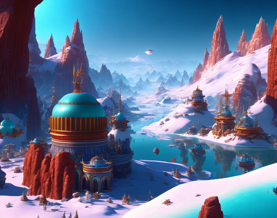 Futuristic city with domed structures in snowy mountain landscape