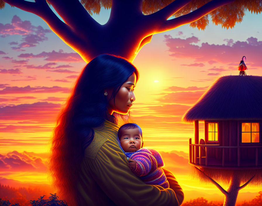 Mother holding baby in front of sunset with tree, hut, and bird - serene scene