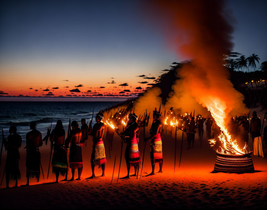 Traditional attired people with torches on beach at sunset, fire and palm tree silhouettes.