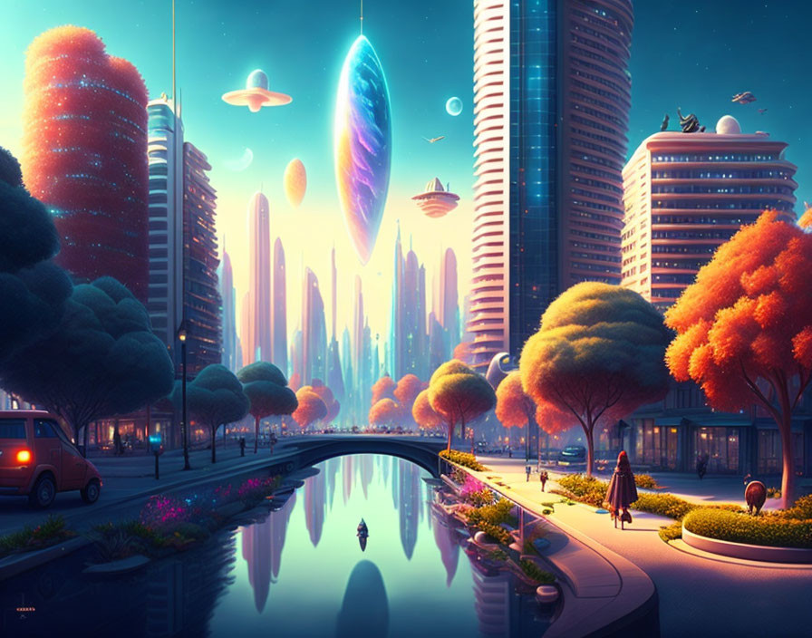 Futuristic twilight cityscape with flying vehicles and woman by canal