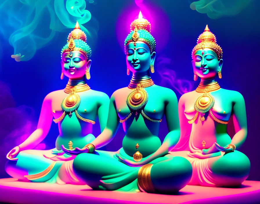 Vibrant blue figures with multiple heads and arms meditating on purple background