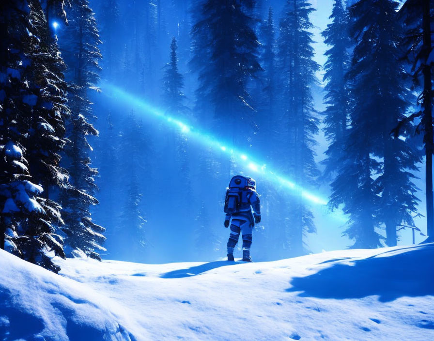 Astronaut in Snowy Forest under Blue Light Beam