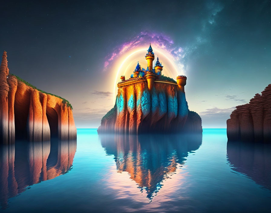 Fantastical castle on cliff overlooking vibrant sea under starry night sky