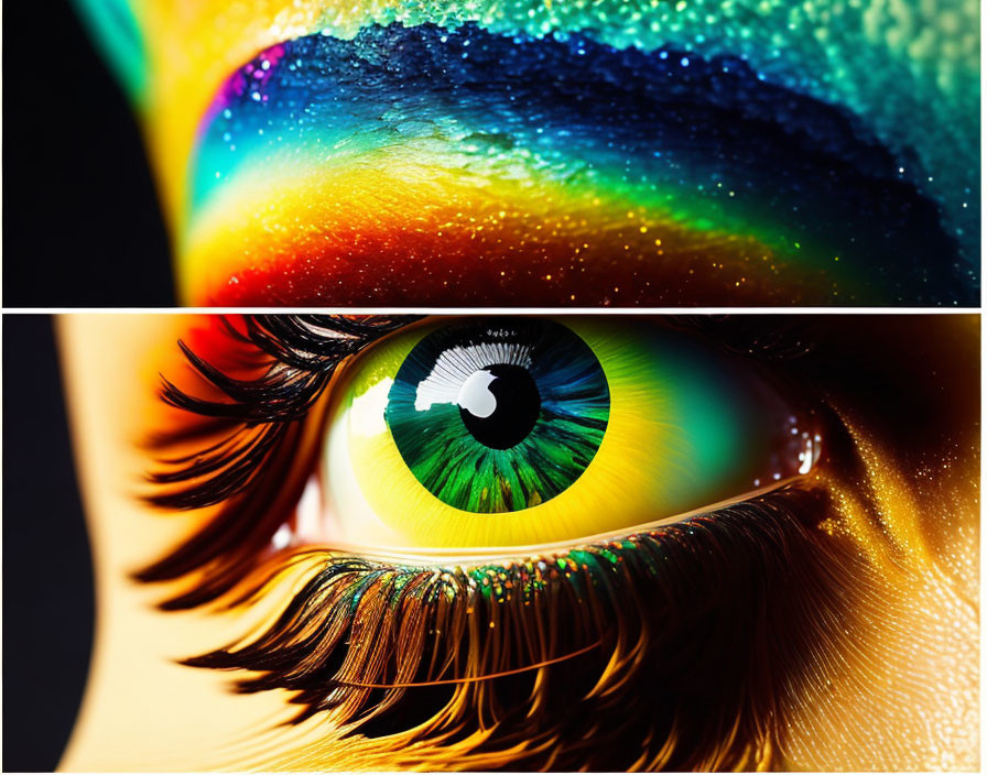 Vibrant rainbow iris and glittering makeup close-up.