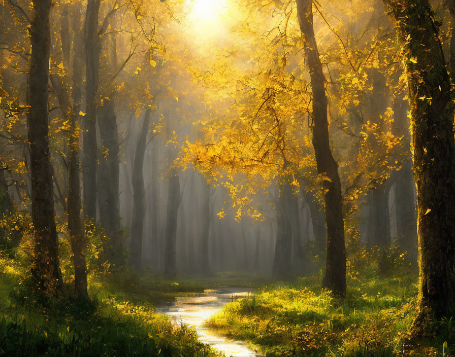 Tranquil forest scene at sunset with winding path and misty backdrop