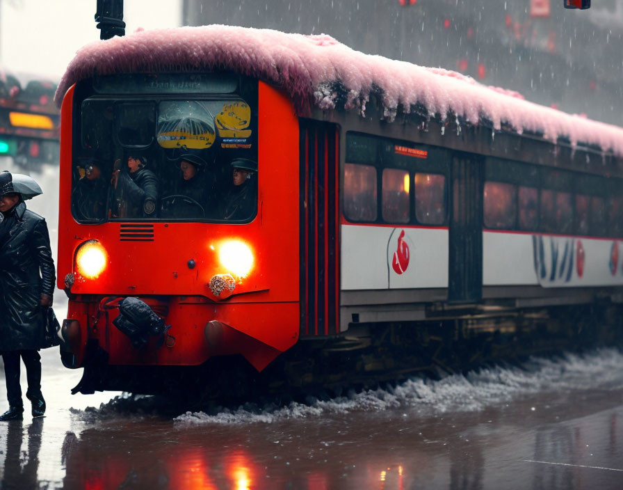 Red tram in snow-covered city with passengers and pedestrian.