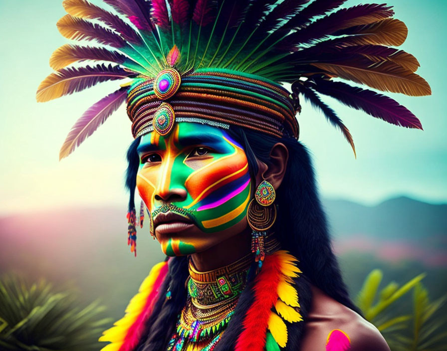 Person wearing traditional indigenous headdress and face paint in tropical environment.