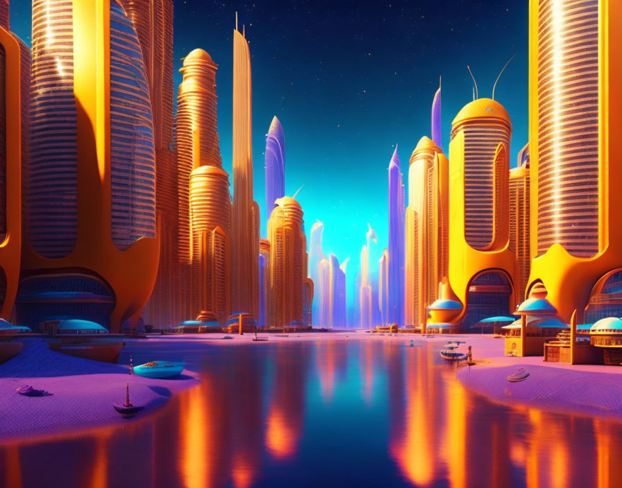 Sleek futuristic cityscape with glowing buildings and starlit sky reflected on water