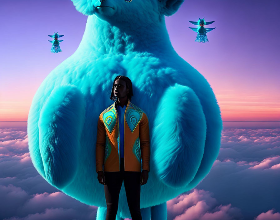 Person faces blue furry creature with winged beings in surreal dusk cloudscape