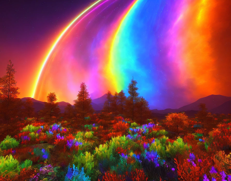 Colorful Forest with Rainbow Aurora Borealis in Digital Art