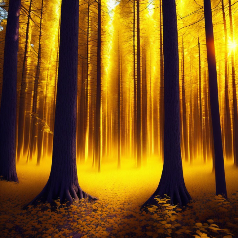 Enchanting golden-lit mystical forest with tall dark trees and yellow leaves in soft mist