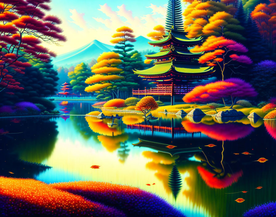 Colorful Landscape: Traditional Pagoda, Reflective Lake, Mount Fuji, Boat, Twilight Sky