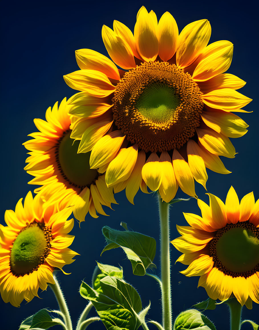 Bright sunflowers against blue sky: vibrant yellow petals and dark centers in sunlight