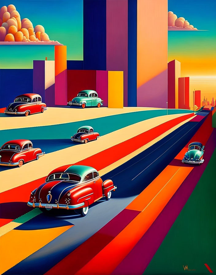 Colorful Stylized Artwork of Classic Cars on Striped Roads