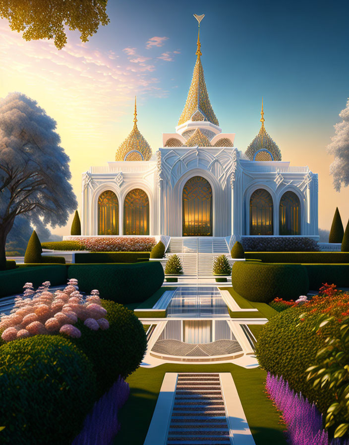 Ornate fantasy palace with spires in landscaped gardens at twilight