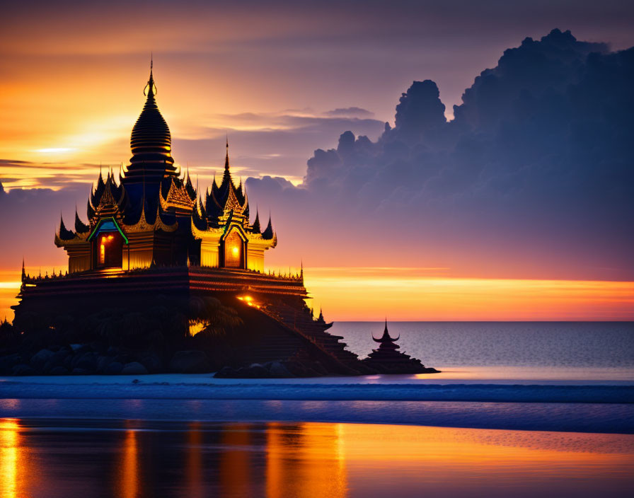 Silhouetted temple against orange sunset sky reflected on calm seaside surface