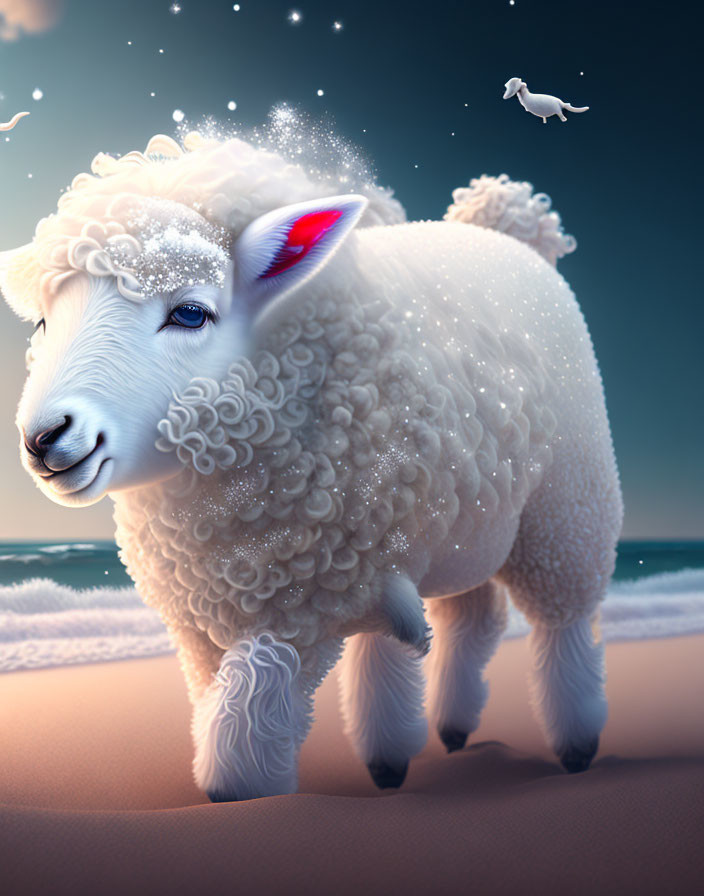 Fluffy white sheep illustration on beach under starry night sky