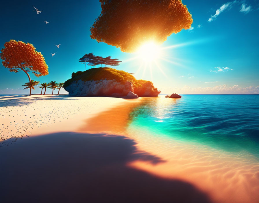 Tropical beach sunset scene with clear blue water, lush island, birds, and vibrant sky.