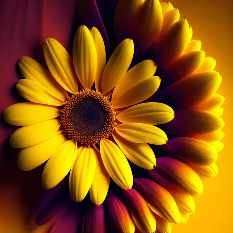 Close-up of Vibrant Flower with Yellow and Burgundy Petals on Gradient Background