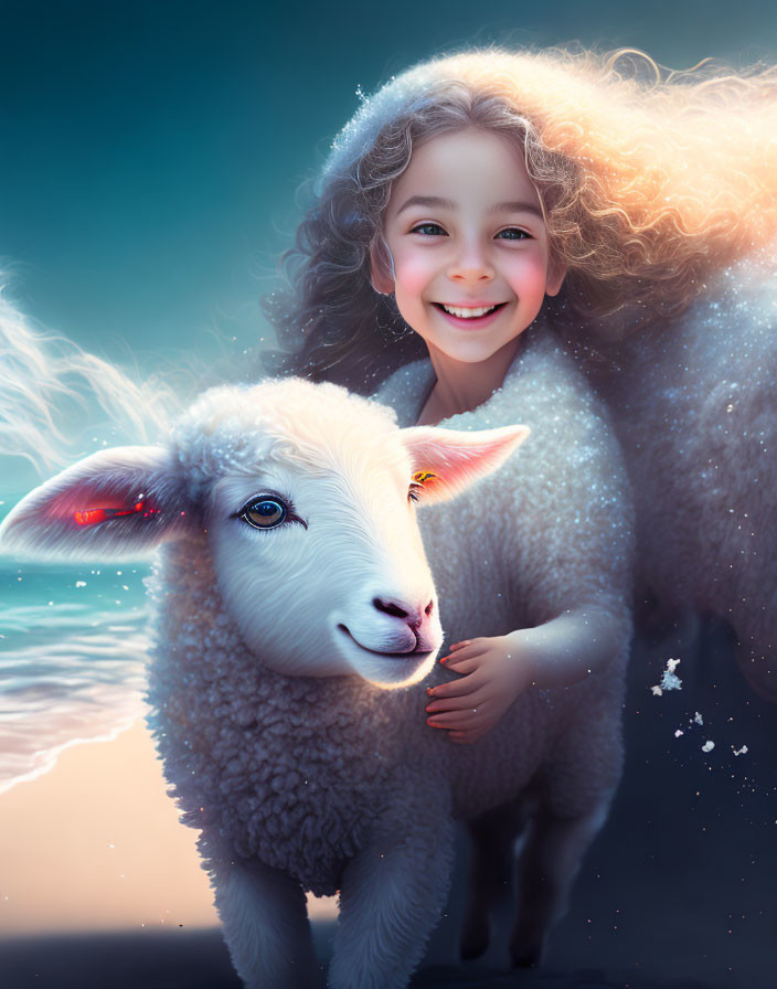 Curly-haired girl embracing lamb under soft light on blue background