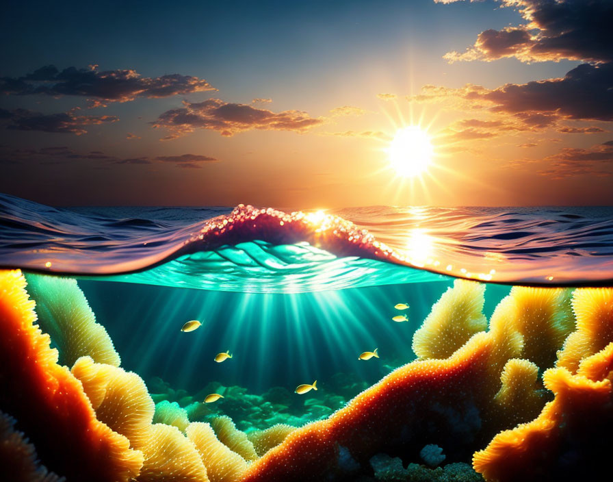 Split-view of underwater coral, fish, and sunset sky above ocean horizon