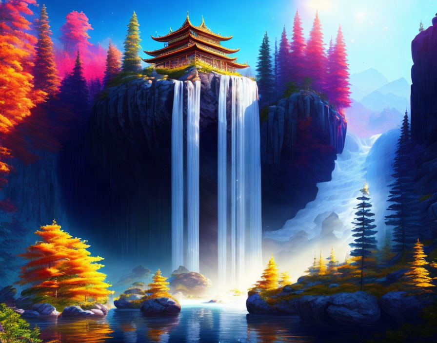 Colorful Asian-style pagoda on waterfall in autumn landscape