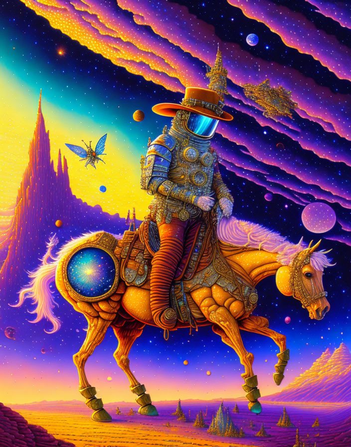 Vibrant fantasy knight on golden horse in cosmic scene