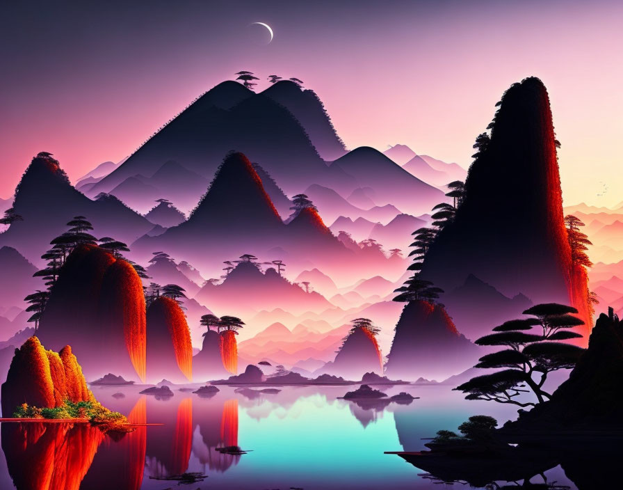 Serene Dusk Landscape: Silhouetted Mountains, Crescent Moon, Pink and Purple Hues