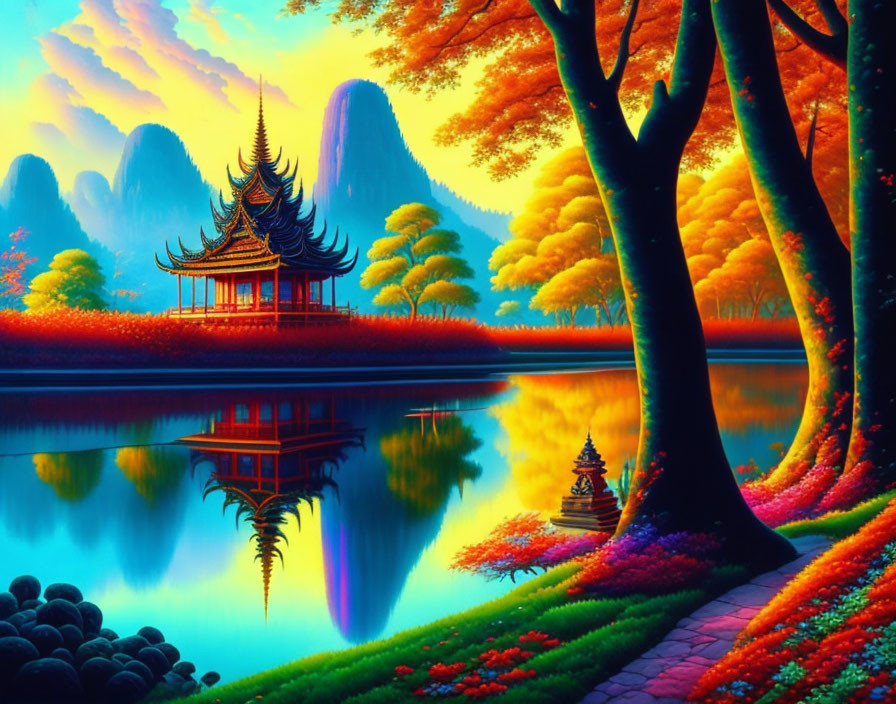 Scenic landscape: pagoda, lake, colorful trees, blue and orange sky