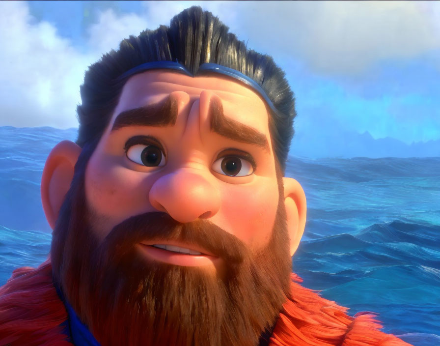 3D-animated character with bushy brown beard and ocean backdrop