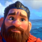 Brown-bearded animated character with crown and blue headband against ocean backdrop