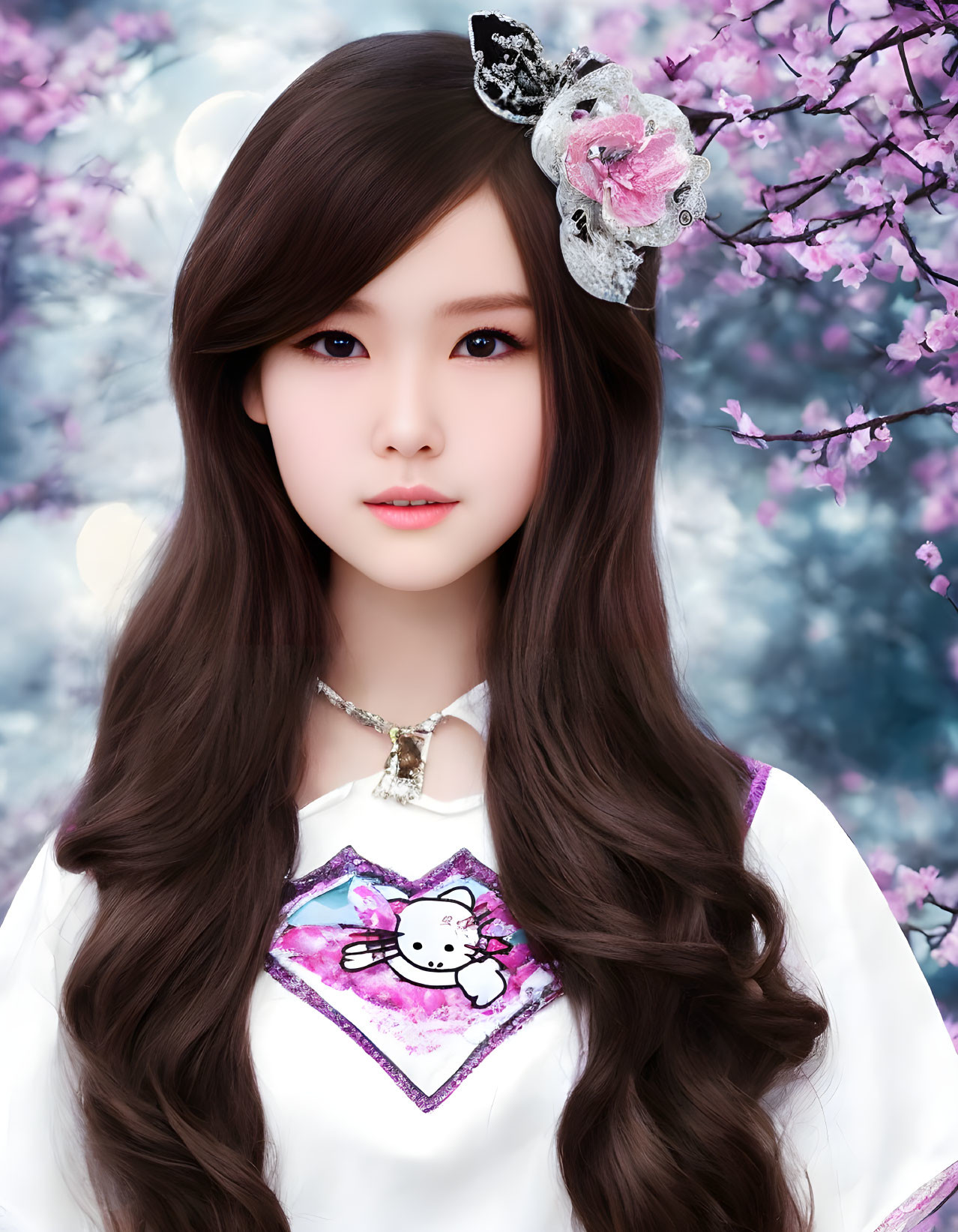 Digital artwork of girl with long brown hair in white outfit with Hello Kitty emblem, floral accessory, set