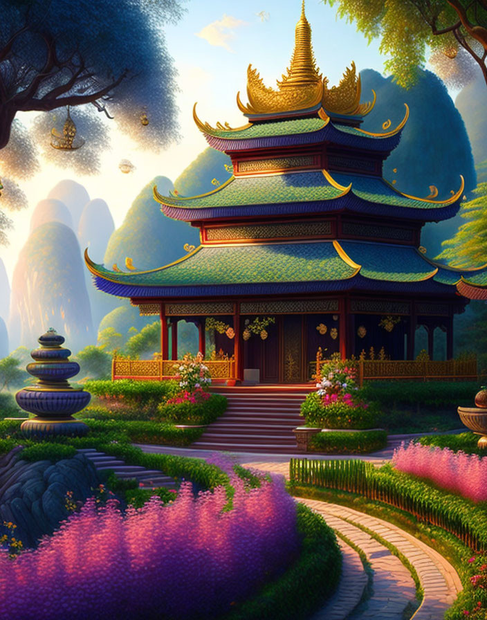 Traditional multi-tiered pagoda in lush garden with mountain backdrop