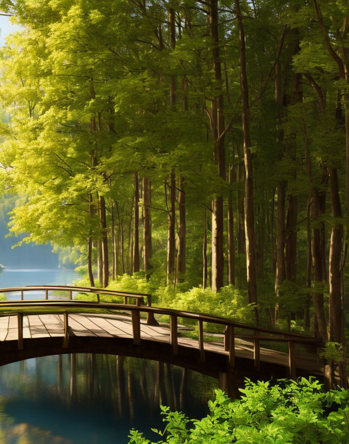 Tranquil wooden bridge over calm river in lush green setting