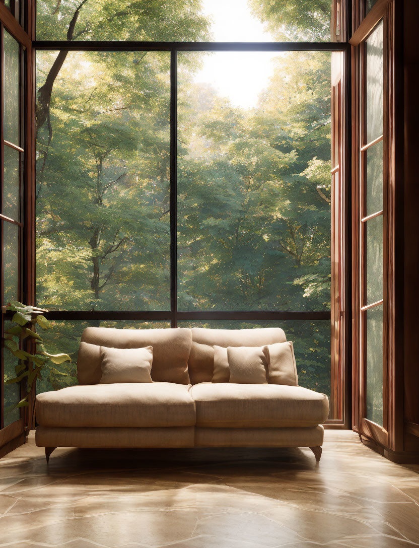 Beige Sofa by Large Window with Forest View