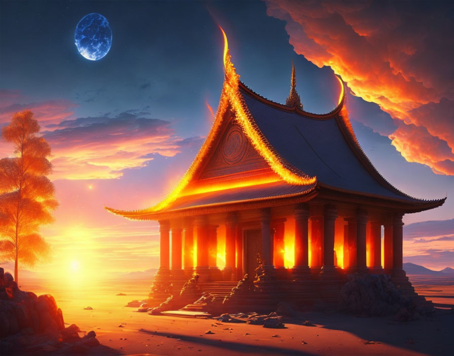 Digital artwork of traditional temple at sunset with full moon in dramatic sky