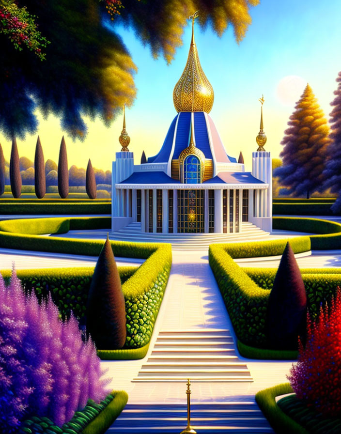 Fantastical palace with blue and gold dome in twilight gardens