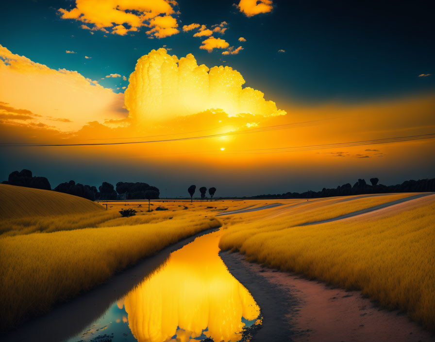 Vibrant sunset with golden clouds reflected in water canal amid lush fields