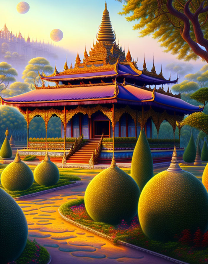 Fantastical landscape with ornate golden temple and purple skies