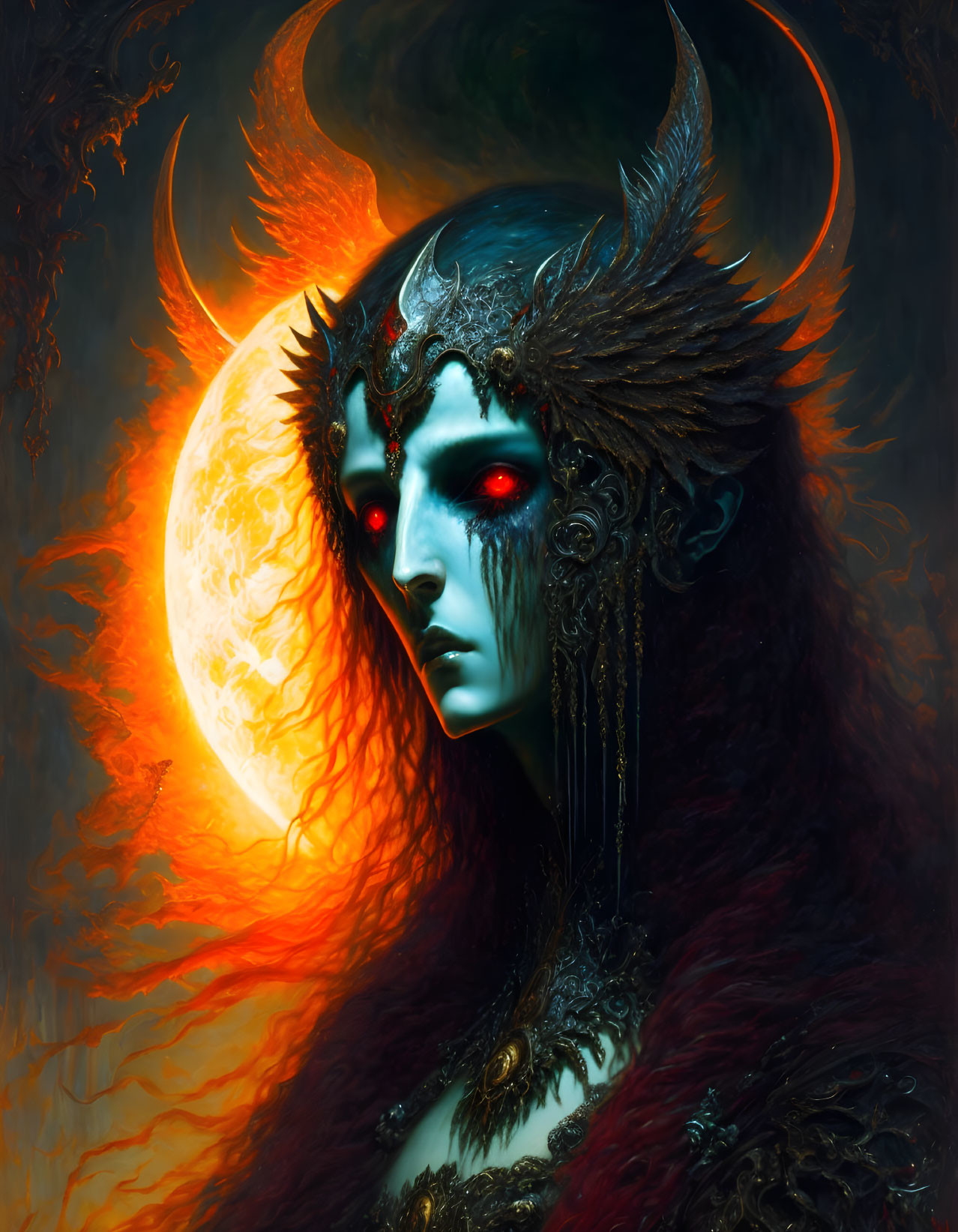 Fantastical portrait of being with green skin and ornate headgear against fiery sun and eclipse