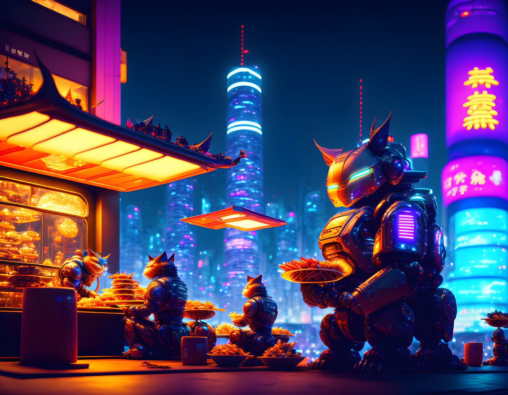 Futuristic street food stall with neon signs and robotic creatures