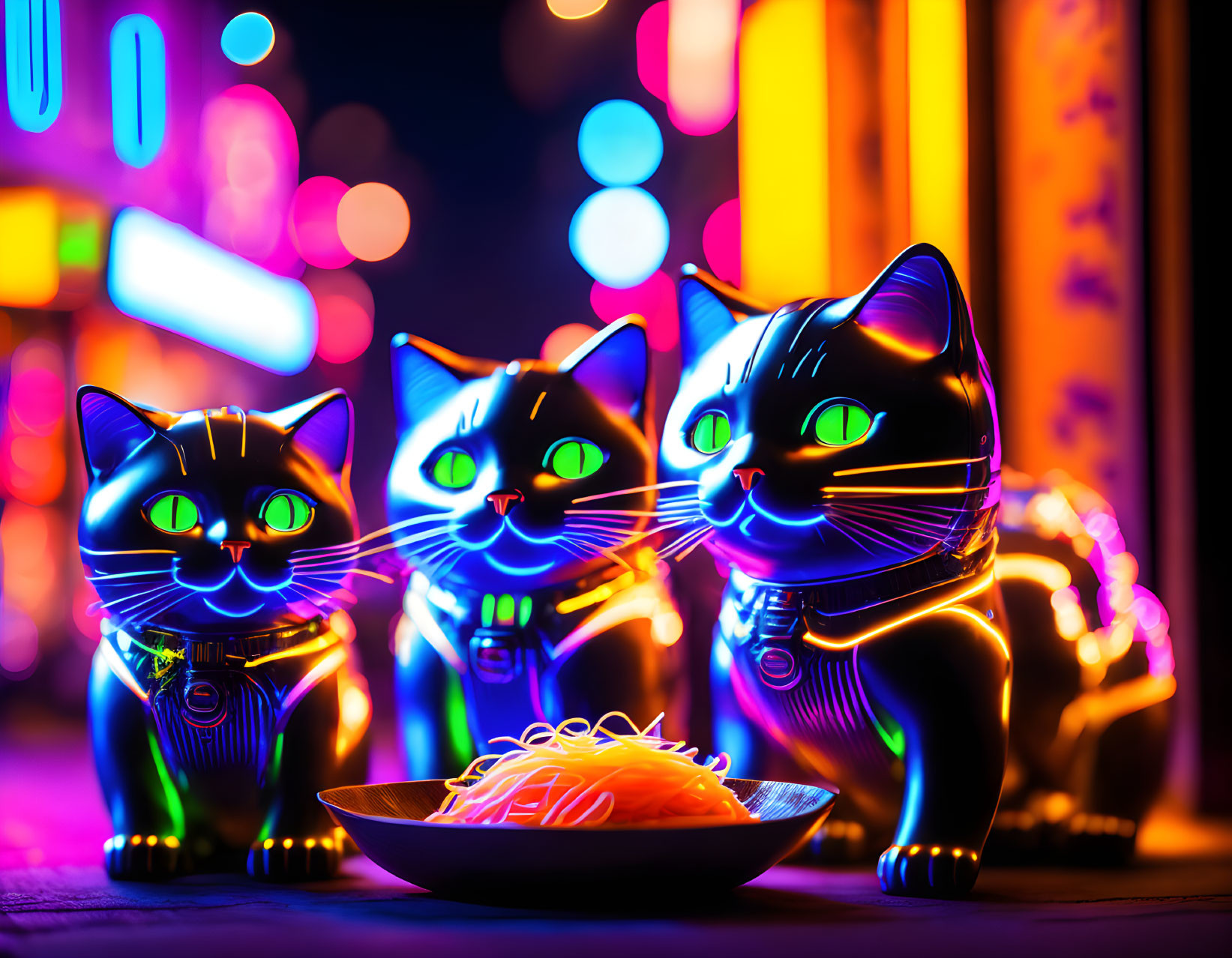 Neon-lit Maneki-neko figurines with illuminated eyes and whiskers in bokeh-l