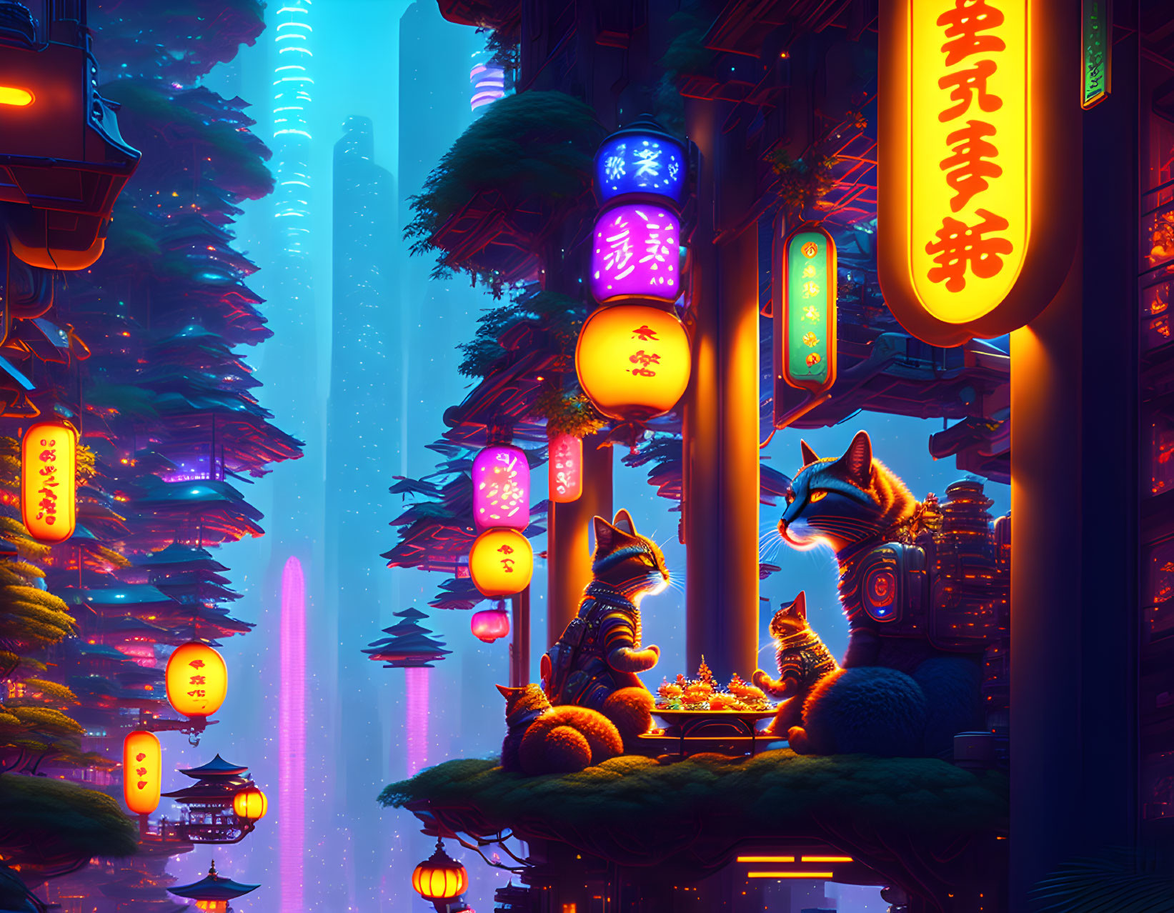 Neon-lit cyberpunk cityscape with robotic foxes playing board game