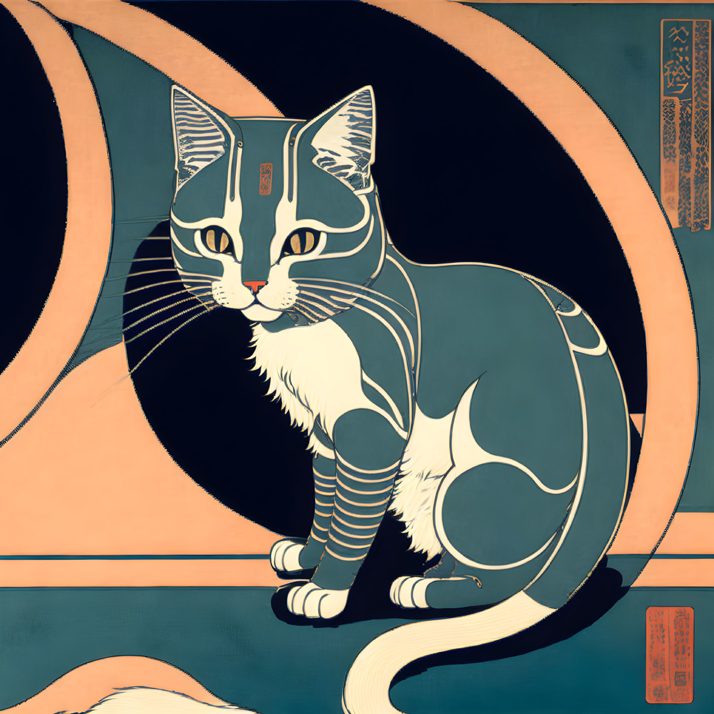 Stylized cat illustration with Japanese art pose and geometric backdrop