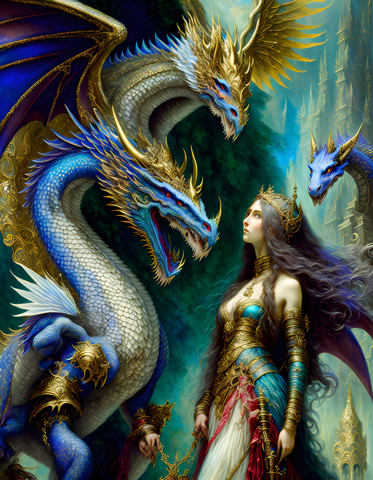 Majestic woman in golden armor with blue and gold dragons in mystical green setting