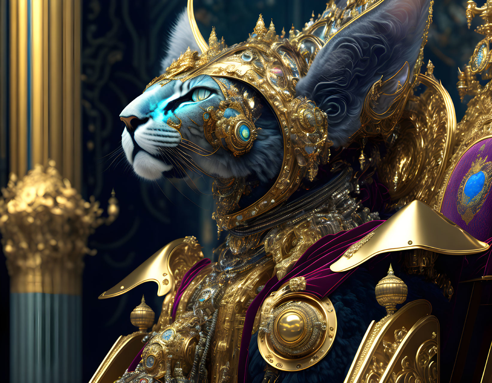 Majestic cat in ornate golden armor with intricate designs