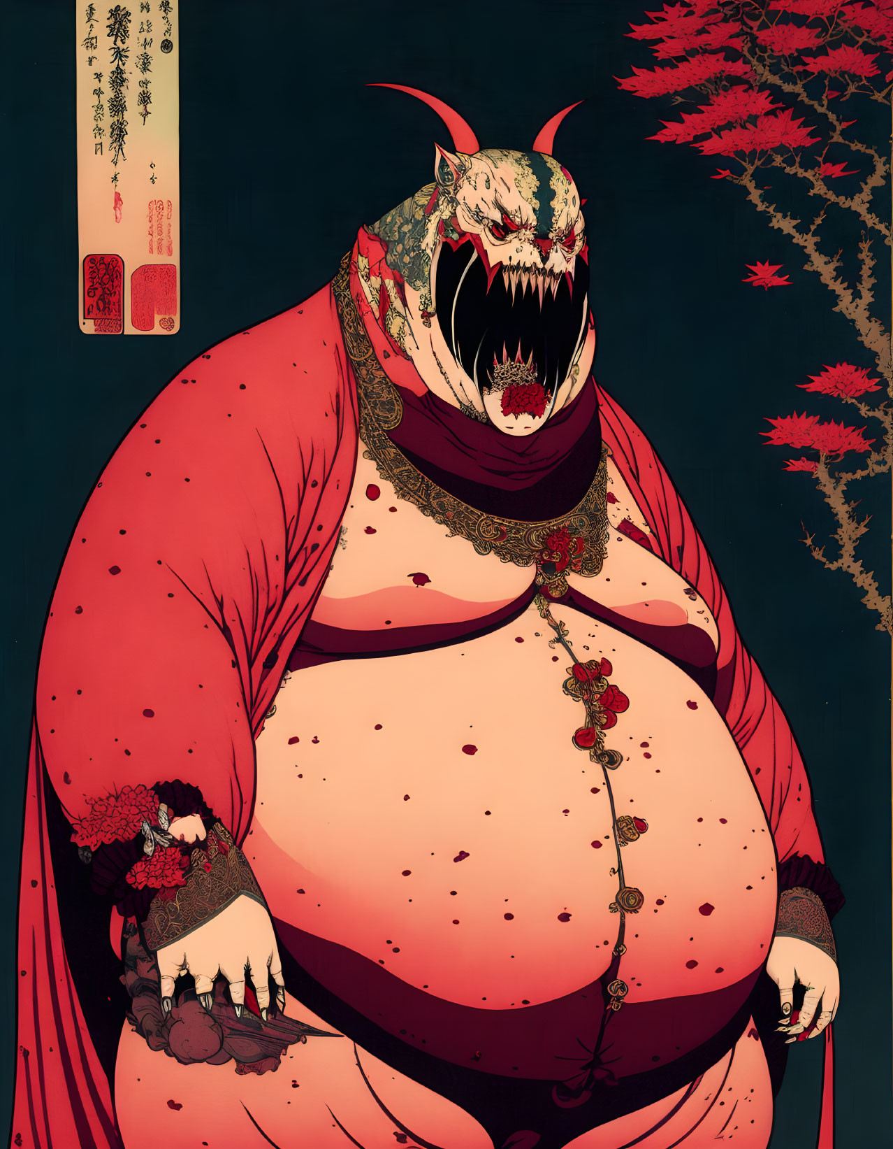 Japanese ukiyo-e style illustration of a monstrous figure with tiger head and human body in traditional attire