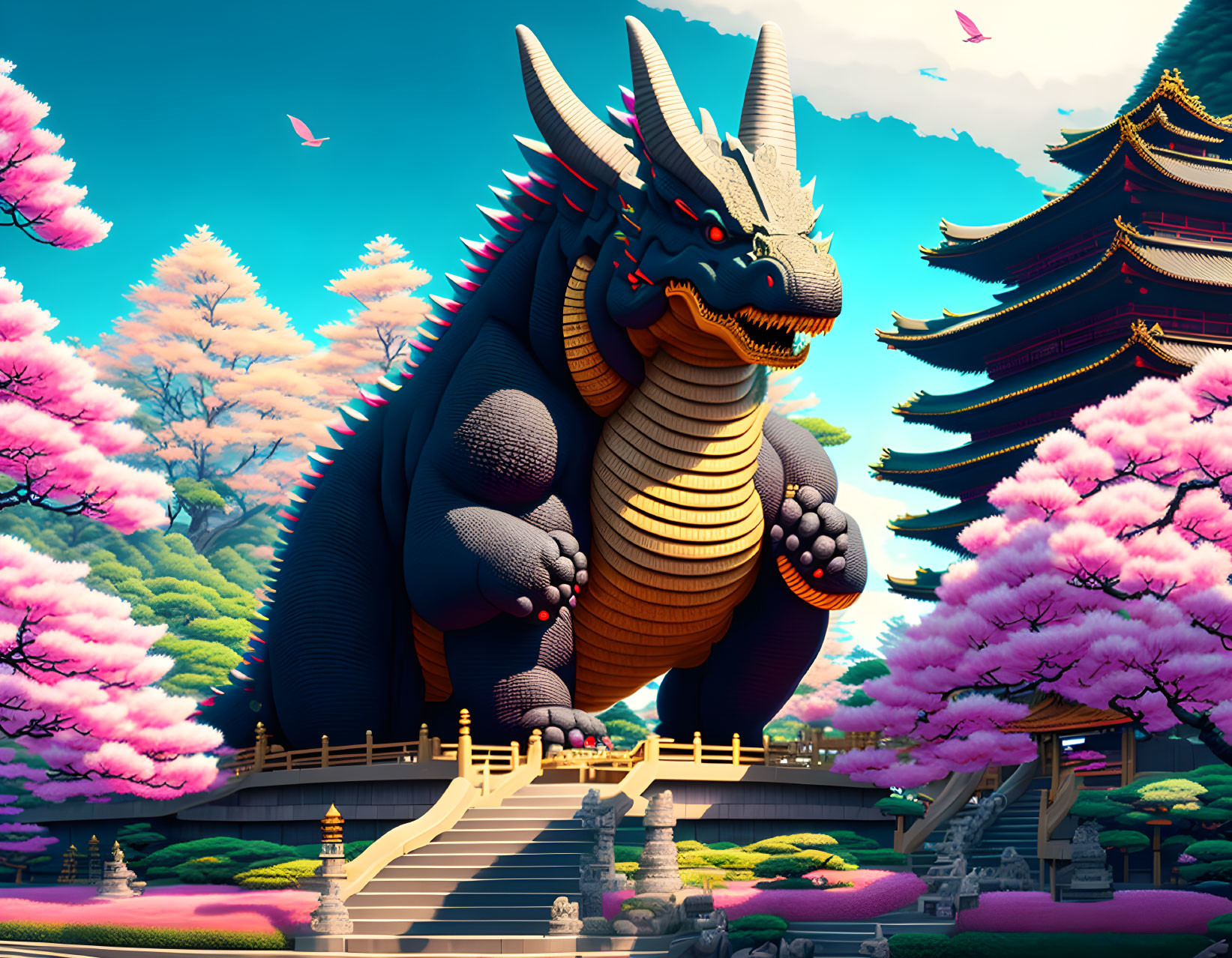 Enormous dragon near pagoda amid cherry blossoms and clear sky