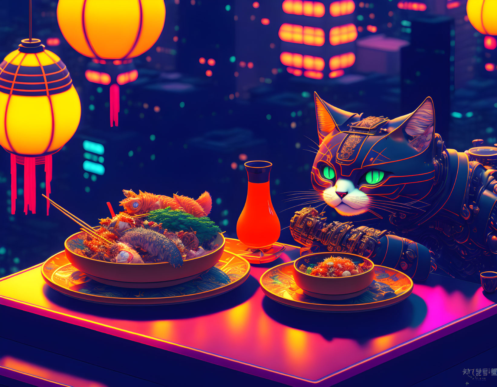 Cyberpunk cat with glowing eyes at table with Asian food and flask