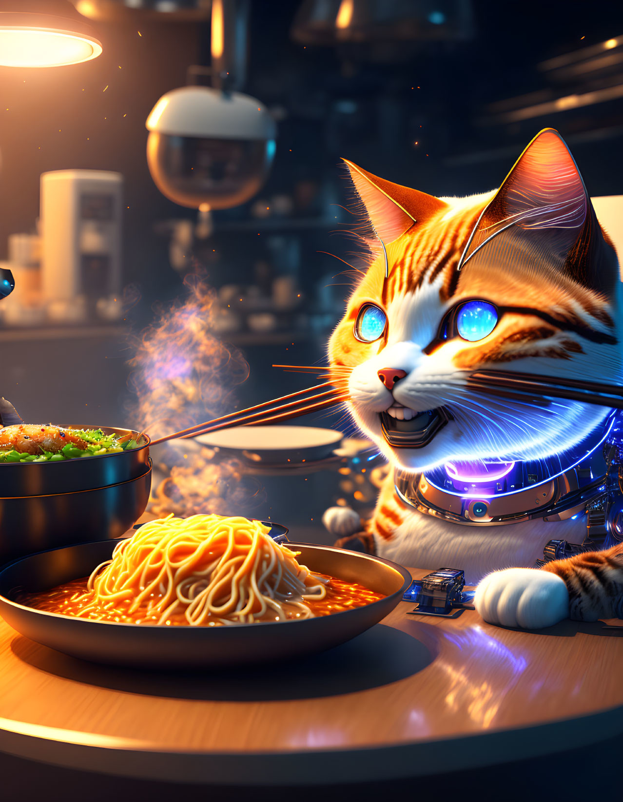 Futuristic orange tabby cat eating noodles with chopsticks in sci-fi kitchen